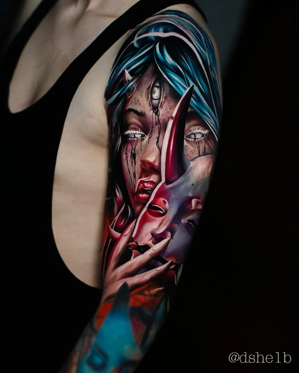 Реализм Face, Demon tattoo на Полный рукав