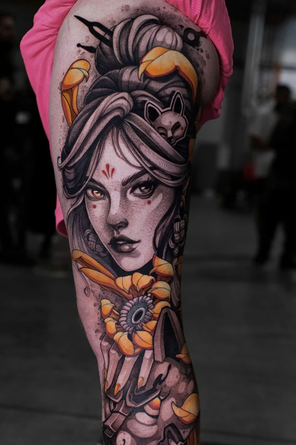 Illustrative Woman, Fox tattoo on Thigh