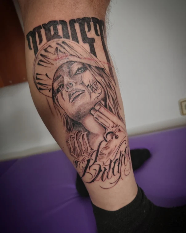 Chicano Portrait, Gun tattoo on Calf