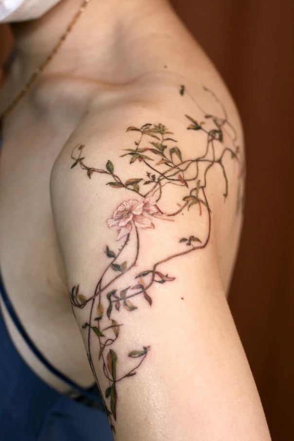 Botanic Flower, Vine tattoo on Shoulder