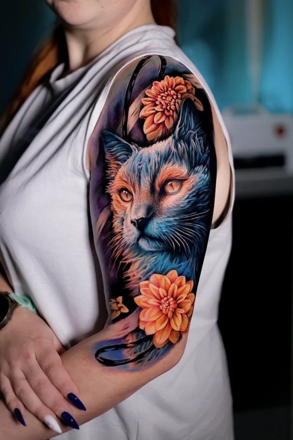 Реализм Cat, Flowers tattoo на Полный рукав