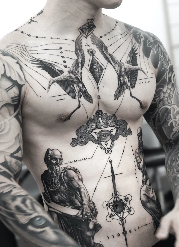 Blackwork Birds, Geometric shapes tattoo on Chest