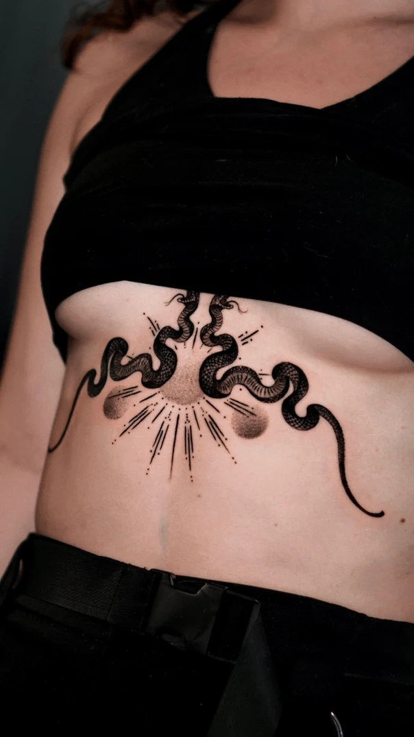 Linework Snake, Sun tattoo on Ribcage