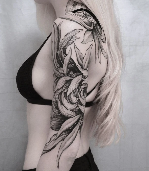 Ботаническая Floral, Leaves tattoo на Полный рукав