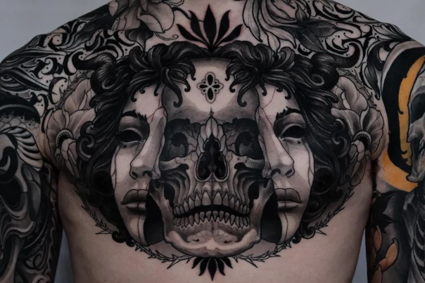 Black & Grey Skull, Face tattoo on Chest