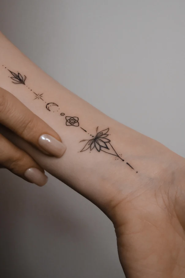 Fineline Floral, Geometric tattoo on Wrist