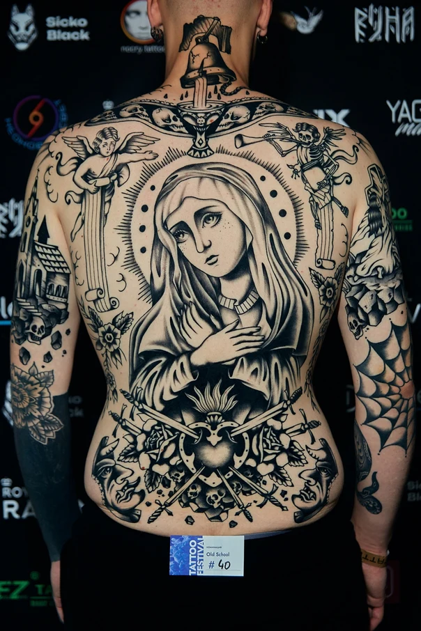 Олд-скул Religious, Angel tattoo на Спина (полная)