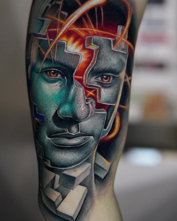Biomechanical Face, Geometric tattoo on Forearm