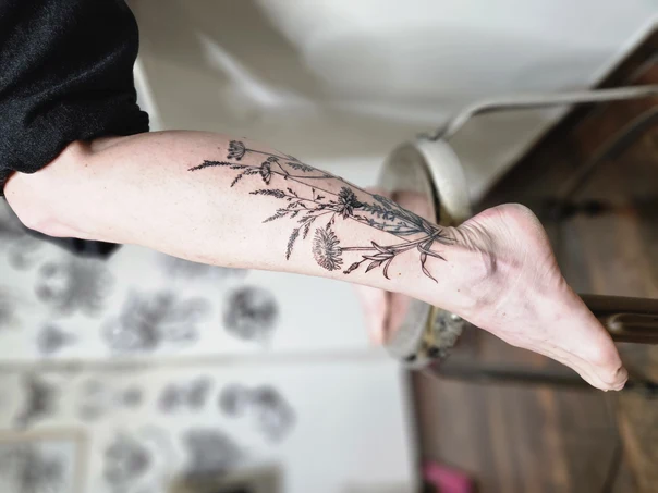 Botanic Flowers, Leaves tattoo on Calf
