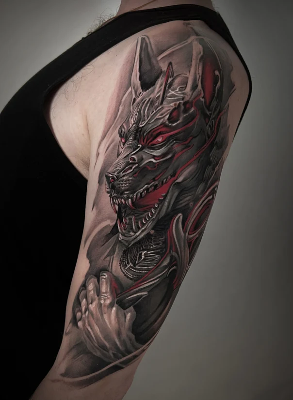 Biomechanical Wolf, Cyber tattoo on Full Sleeve