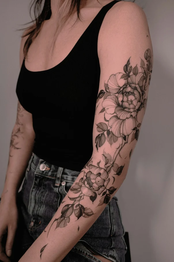 Botanic Flower, Leaves tattoo on Full Sleeve