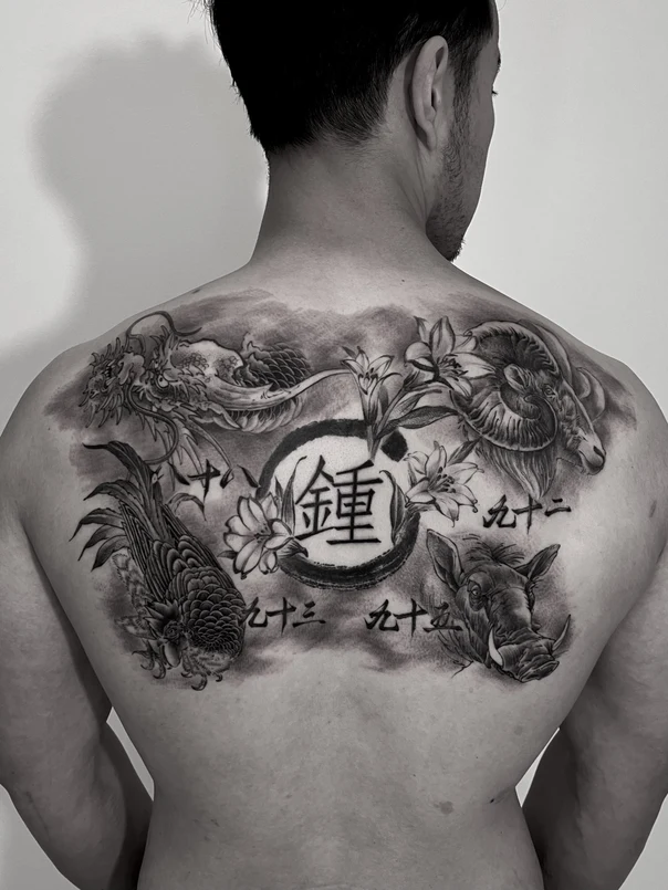 Black & Grey Dragon, Ram tattoo on Full Back