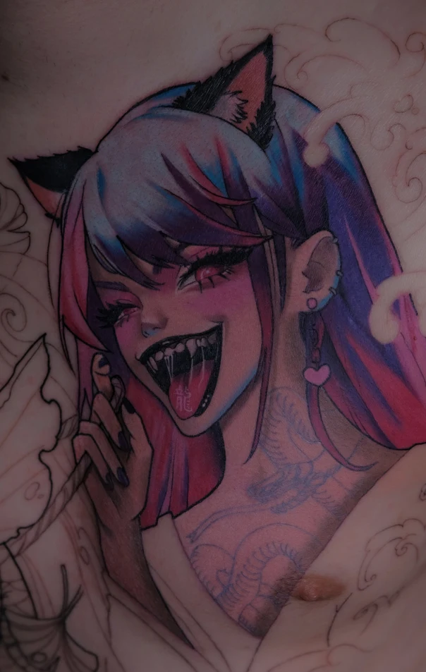 Anime Anime, Demon tattoo on Chest