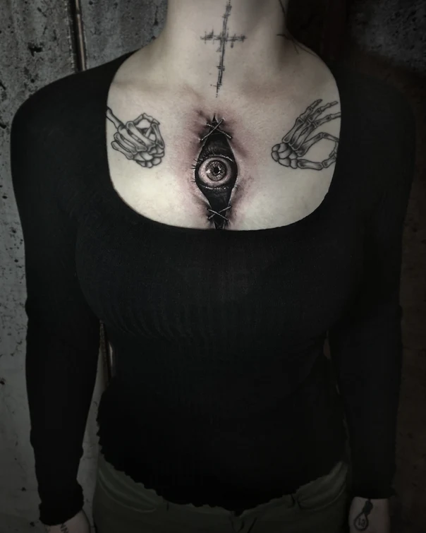 Blackwork Eye, Skeleton tattoo on Chest