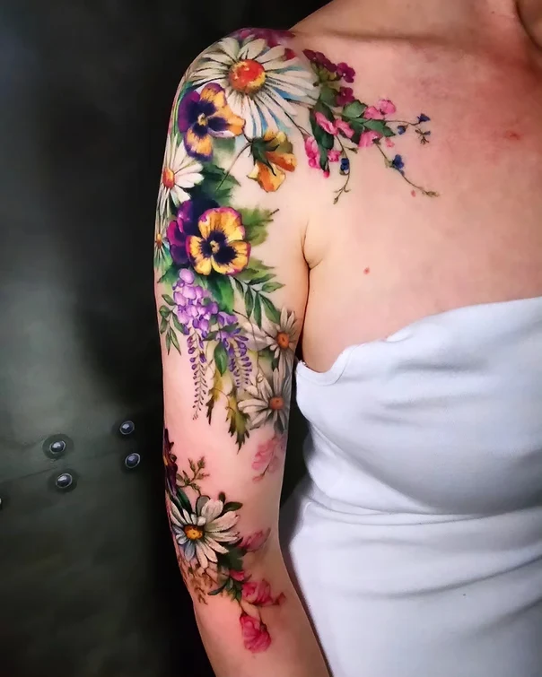 Watercolor Flowers, Floral tattoo on Shoulder