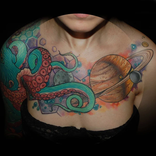 Иллюстративная Octopus, Planet tattoo на Грудь