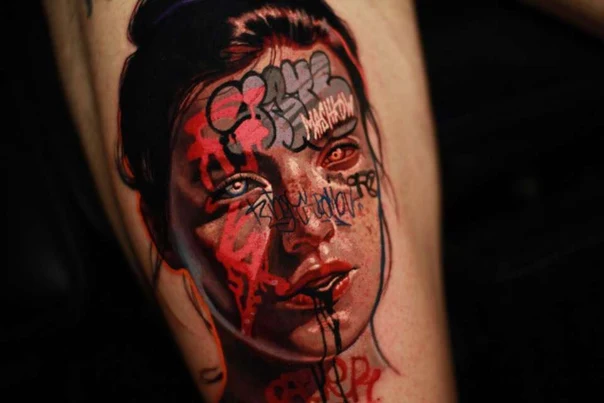 Realism Portrait, Graffiti tattoo on Thigh