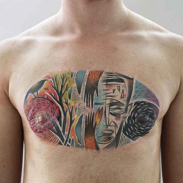 Abstract Face, Hands tattoo on Chest