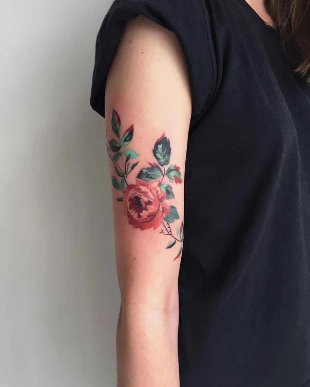 Botanic Rose, Leaves tattoo on Upper Arm