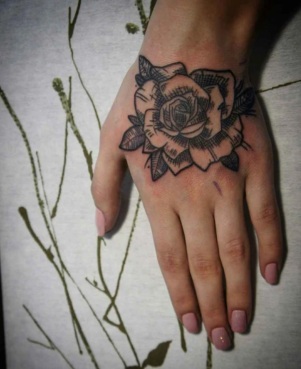 Sketch Rose, Leaves tattoo on Back of Hand