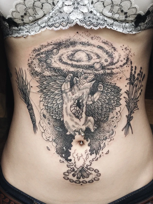Blackwork Animal, Galaxy tattoo on Stomach