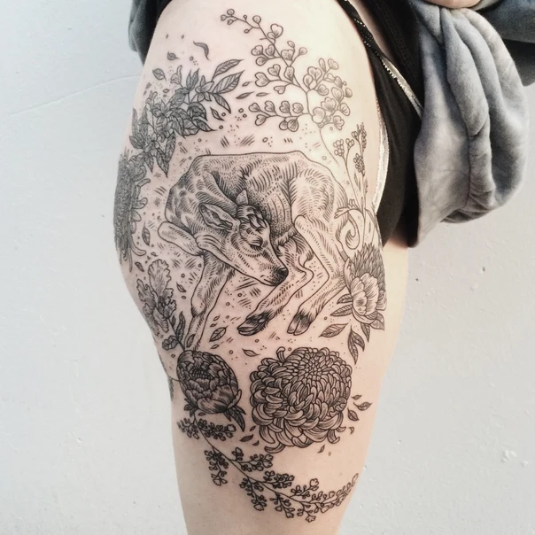Illustrative Deer, Flowers tattoo on Thigh