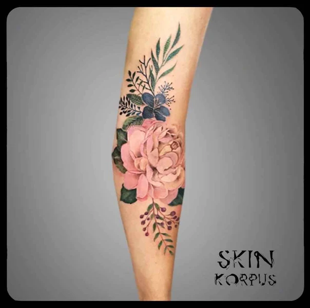 Botanic Flower, Leaves tattoo on Forearm