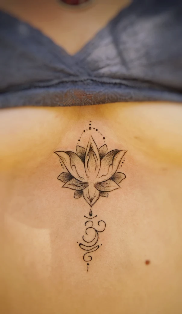 Fineline Lotus, Mandala tattoo on Sternum