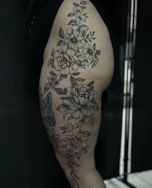 Botanic Flowers, Leaves tattoo on Thigh