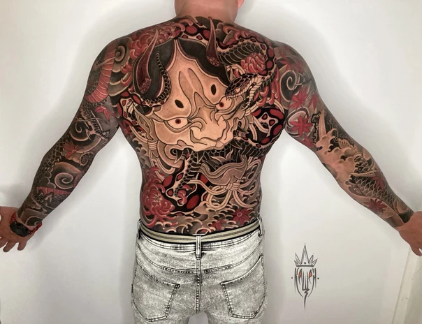 Японская Demon, Snake tattoo на Спина (полная)