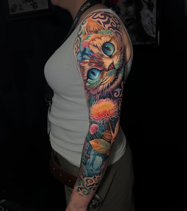Иллюстративная Cat, Flowers tattoo на Полный рукав