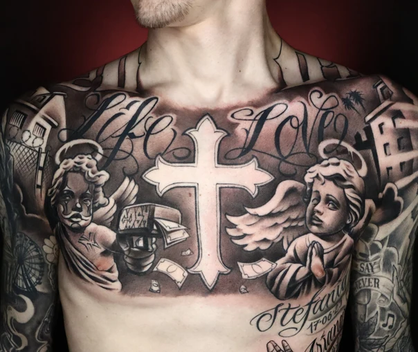 Chicano Angel, Cross tattoo on Chest