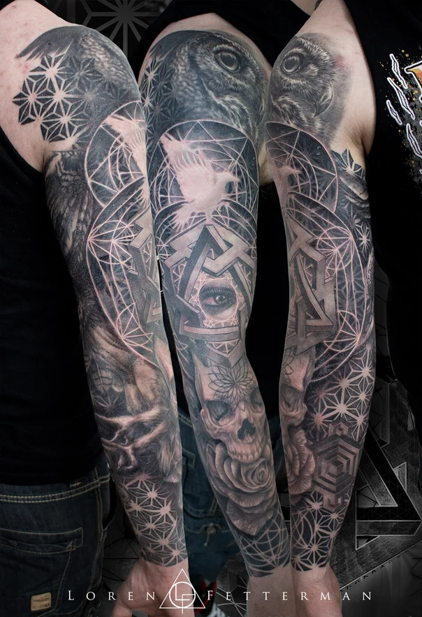Black & Grey Owl, Skull tattoo on Full Sleeve