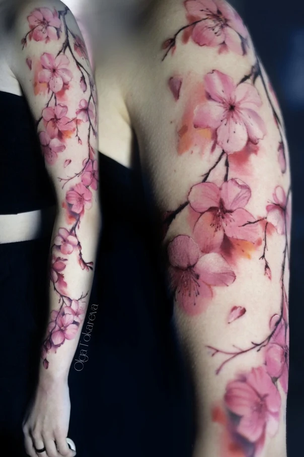 Акварель Cherry blossom, Floral tattoo на Полный рукав