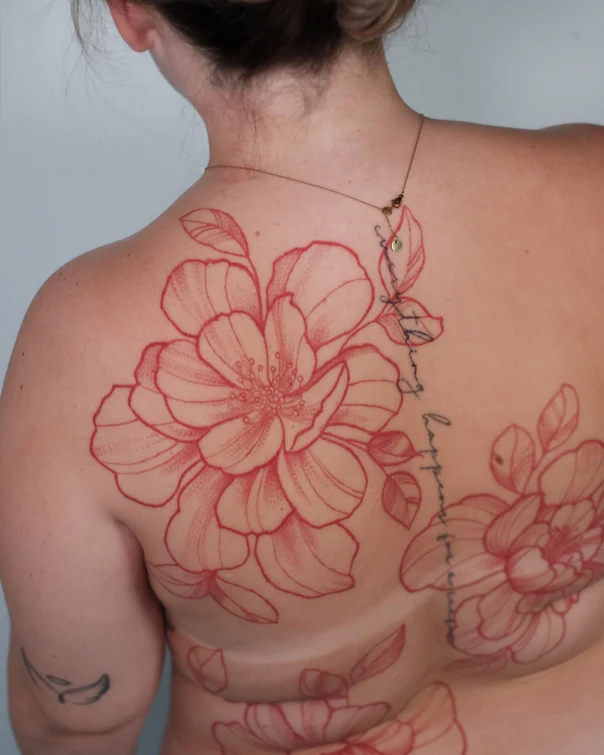 Botanic Flower, Leaves tattoo on Upper Back