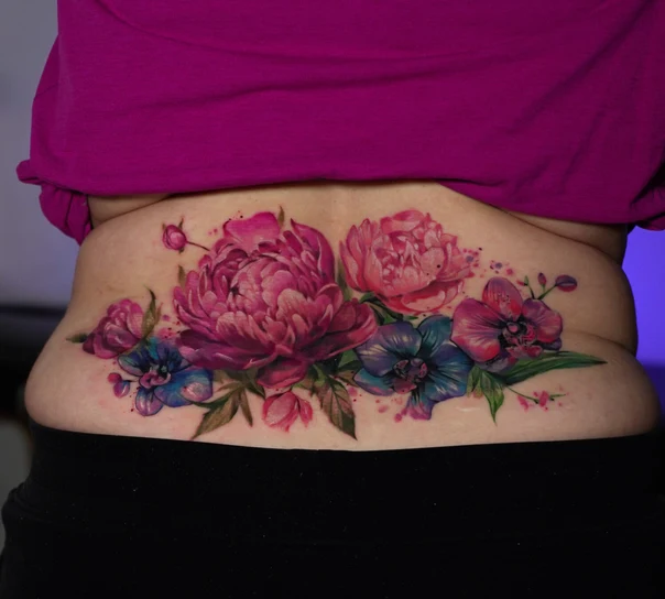 Watercolor Flowers, Peonies tattoo on Lower Back