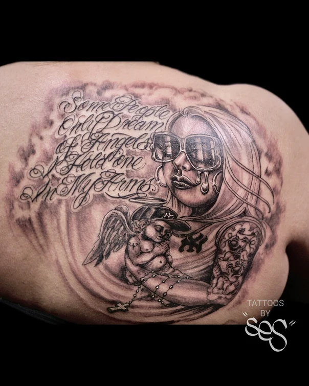 Chicano Angel, Woman tattoo on Shoulder