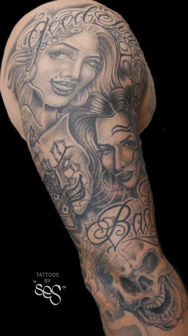 Chicano Portrait, Skull tattoo on Full Sleeve