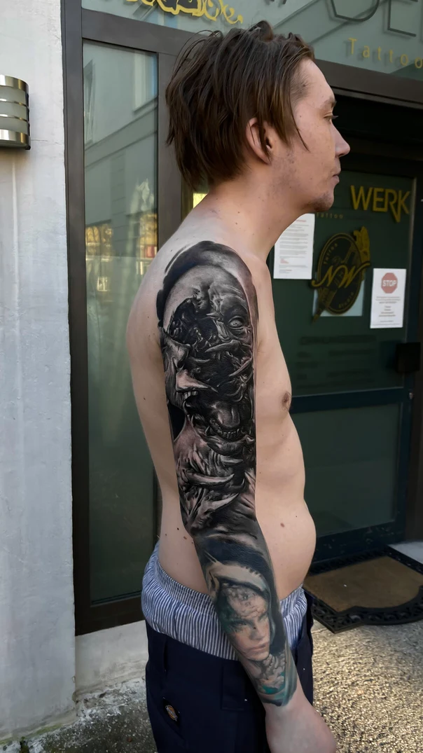 Black & Grey Biomechanical, Portrait tattoo on Full Sleeve