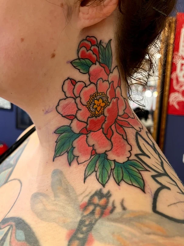 Japanese Flower, Peony tattoo on Neck