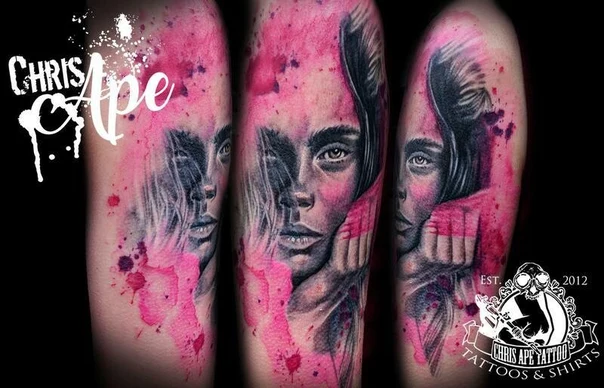 Watercolor Face, Woman tattoo on Forearm