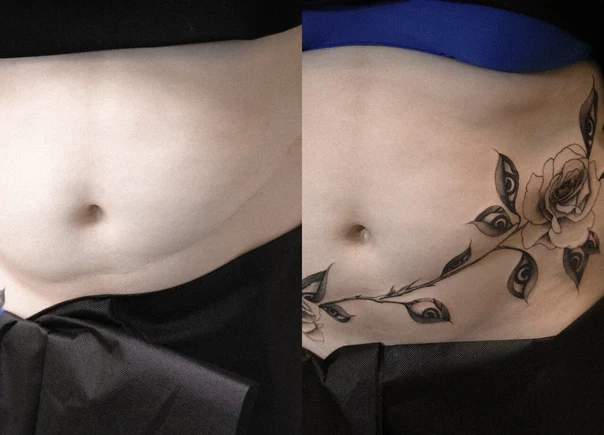 Fineline Rose, Leaves tattoo on Stomach