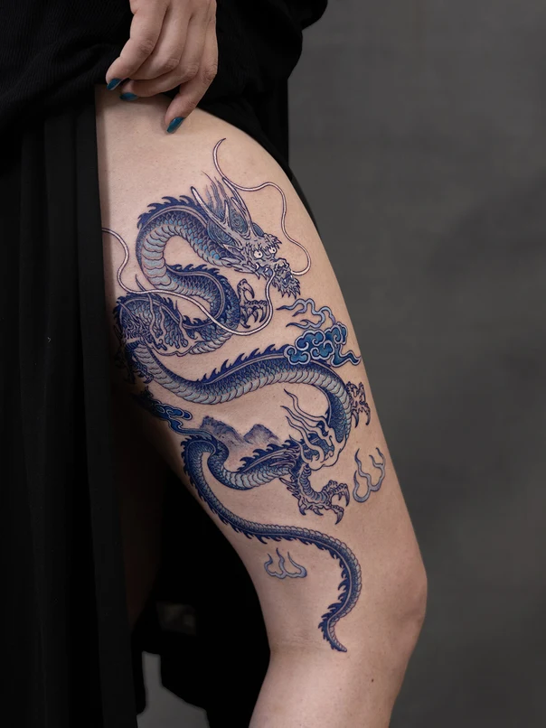 Japanese Dragon, Clouds tattoo on Thigh