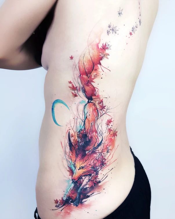 Watercolor Fox, Leaves tattoo on Side