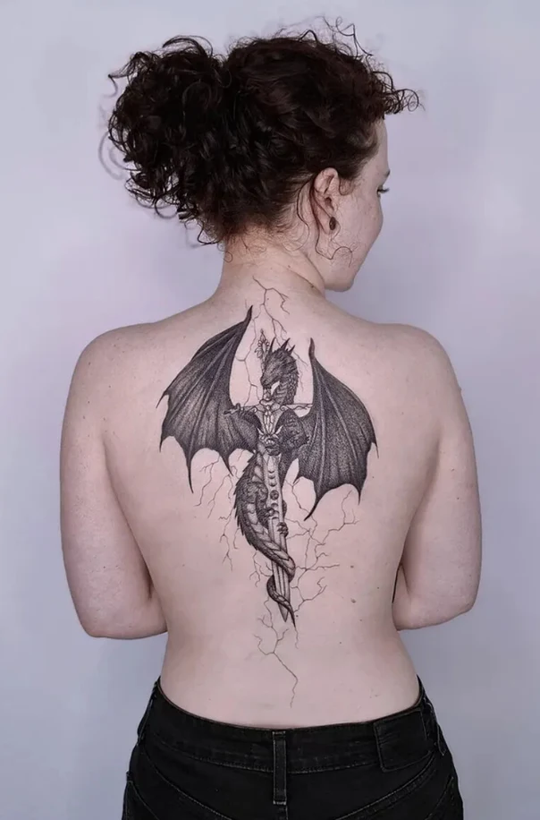 Blackwork Dragon, Sword tattoo on Upper Back