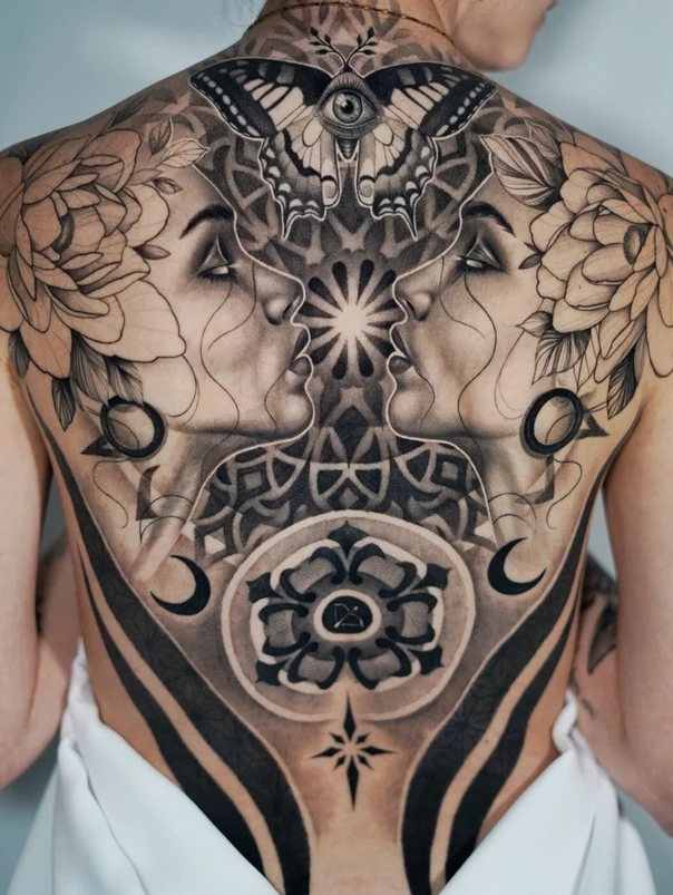 Black & Grey Butterfly, Eye tattoo on Full Back