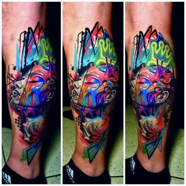 Abstract Face, Rose tattoo on Calf