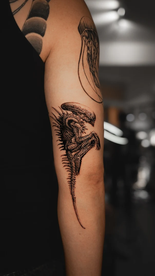 Biomechanical Alien tattoo on Outer arm