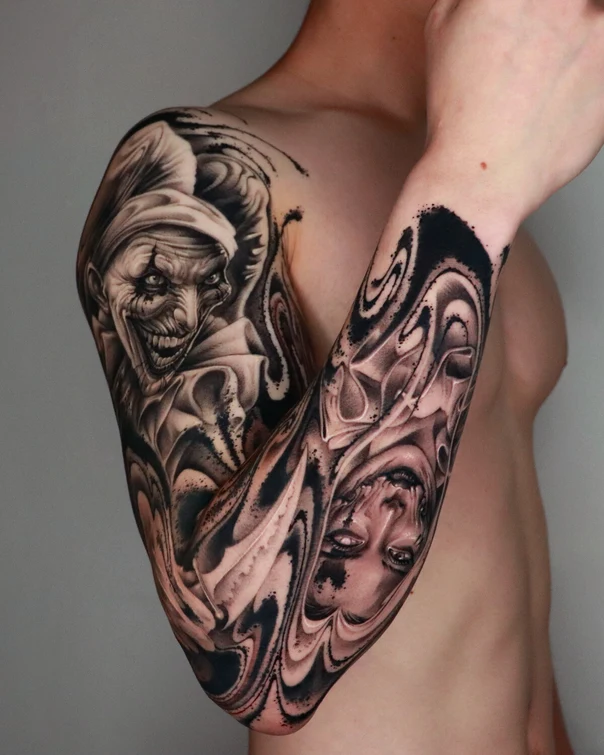 Black & Grey Clown, Face tattoo on Full Sleeve