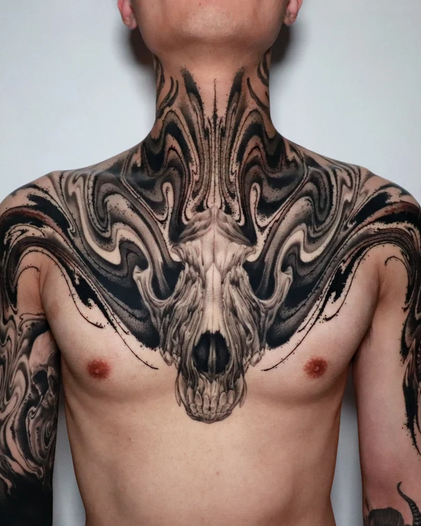 Blackwork Skull, Abstract tattoo on Chest